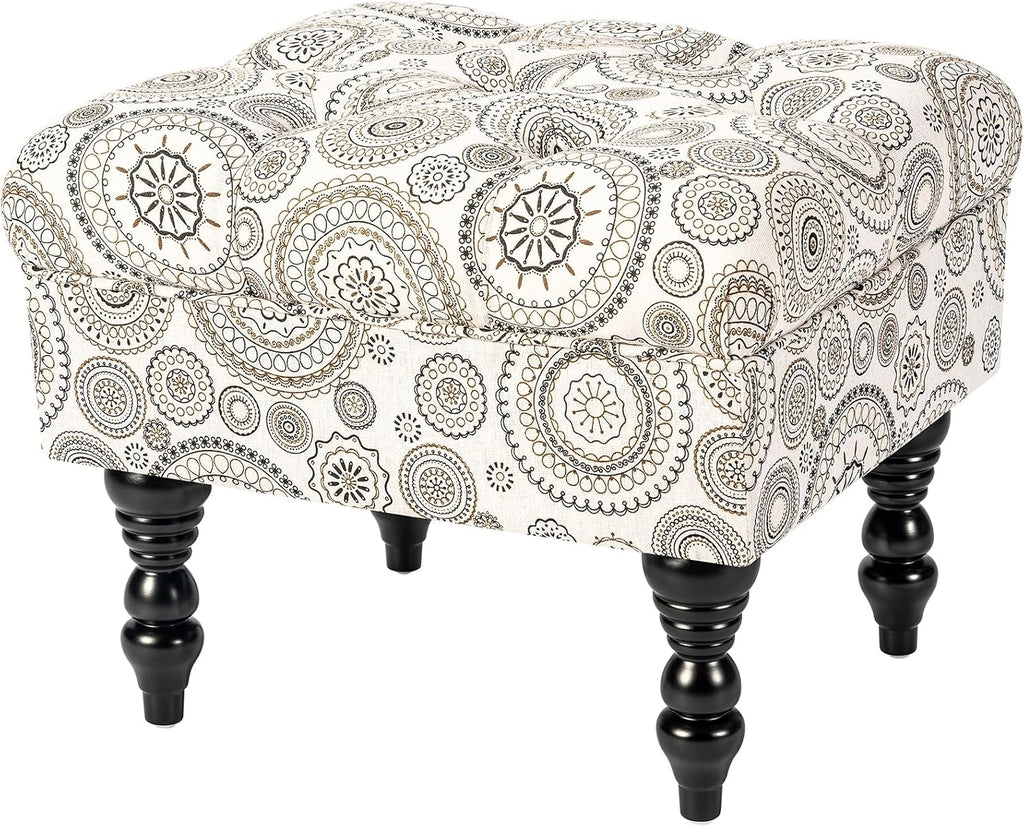 Adeco 20-inch Tufted Ottoman Stool with Wood Legs, Upholstered Foot Rest for Living Room & Bedroom, Mid-Century Boho Accent Stool, Teal Paisley Floral