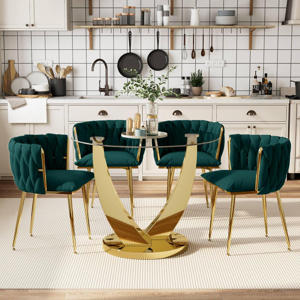 38.9" Round Glass Dining Table Set for 4, Modern Kitchen Table with 4 Upholstered Velvet Chairs, Tempered Glass Top with Golden Steel Base, 5 Pieces Dining Table Set for Small Space- Green
