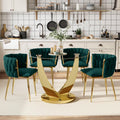 38.9" Round Glass Dining Table Set for 4, Modern Kitchen Table with 4 Upholstered Velvet Chairs, Tempered Glass Top with Golden Steel Base, 5 Pieces Dining Table Set for Small Space- Green