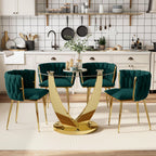 38.9" Round Glass Dining Table Set for 4, Modern Kitchen Table with 4 Upholstered Velvet Chairs, Tempered Glass Top with Golden Steel Base, 5 Pieces Dining Table Set for Small Space- Green