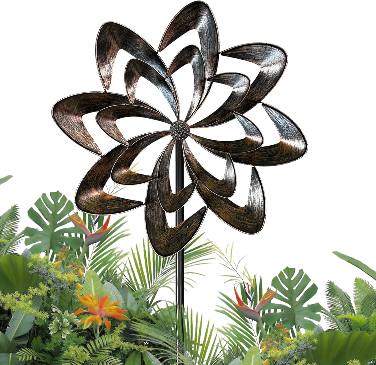 GUAGUA Classical Metal Wind Spinner Outdoor, 360 Degrees Swivel Wind Spinners for Yard and Garden, 74 in Wind Sculptures Willow Leaves Patio Decor (Bronze)