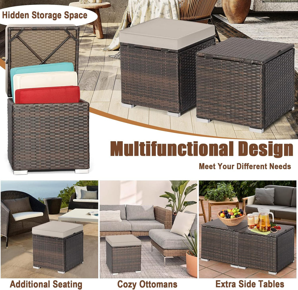 MEDIMALL Patio Wicker Ottoman Set of 2, Multipurpose Outdoor Footstool w/Removable Cushions, Rattan Side Table w/Storage, Footstool Ottoman Seat for Garden, Backyard, Poolside (Beige)