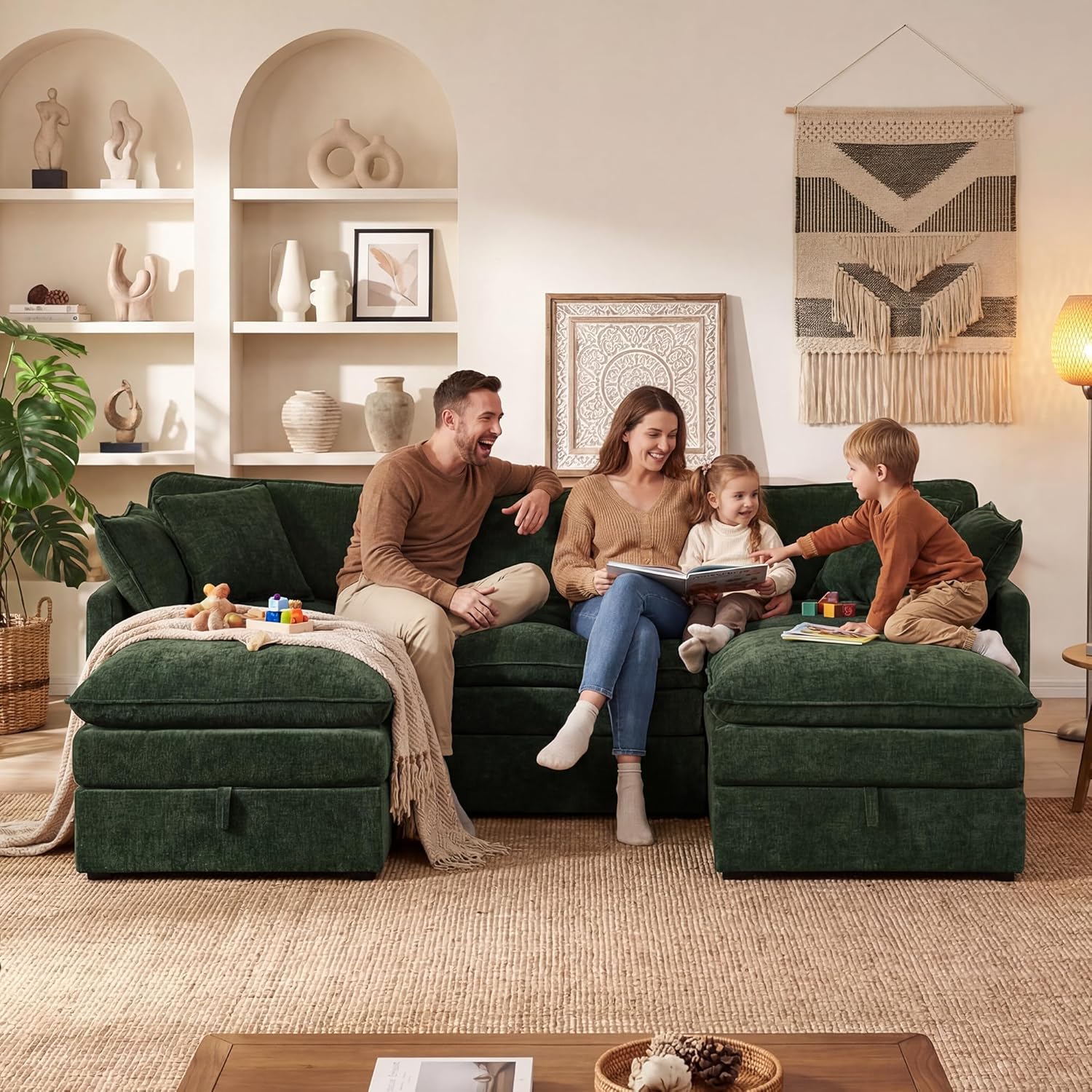 WorthFurni Modular Sectional Sofa with Storage Ottomans,103" U-Shaped Cloud Couch,Comfy Modern Couches with Pillows & Upholstered Deep Seat Cushion for Apartment Living Room Bedroom（Green）