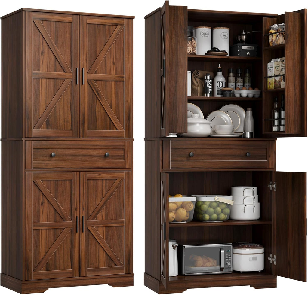 Garvee 71" Kitchen Pantry Cabinet, Barn Door Freestanding Cupboard with Drawer, Sliding Storage Rack, and 6 Hanging Shelves for Kitchen, Dining Room, Living Room Bedroom