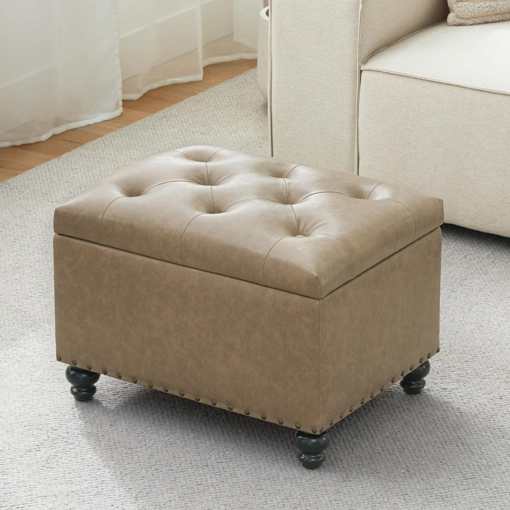 Zihanhome Leather Ottoman with Storage, Upholstered Button Tufted Ottoman Foot Rest, Foot Stools, 24" Rectangle Ottomans with Storage for Living Room, Bedroom, Dorms and Apartments (Taupe Brown-PU)