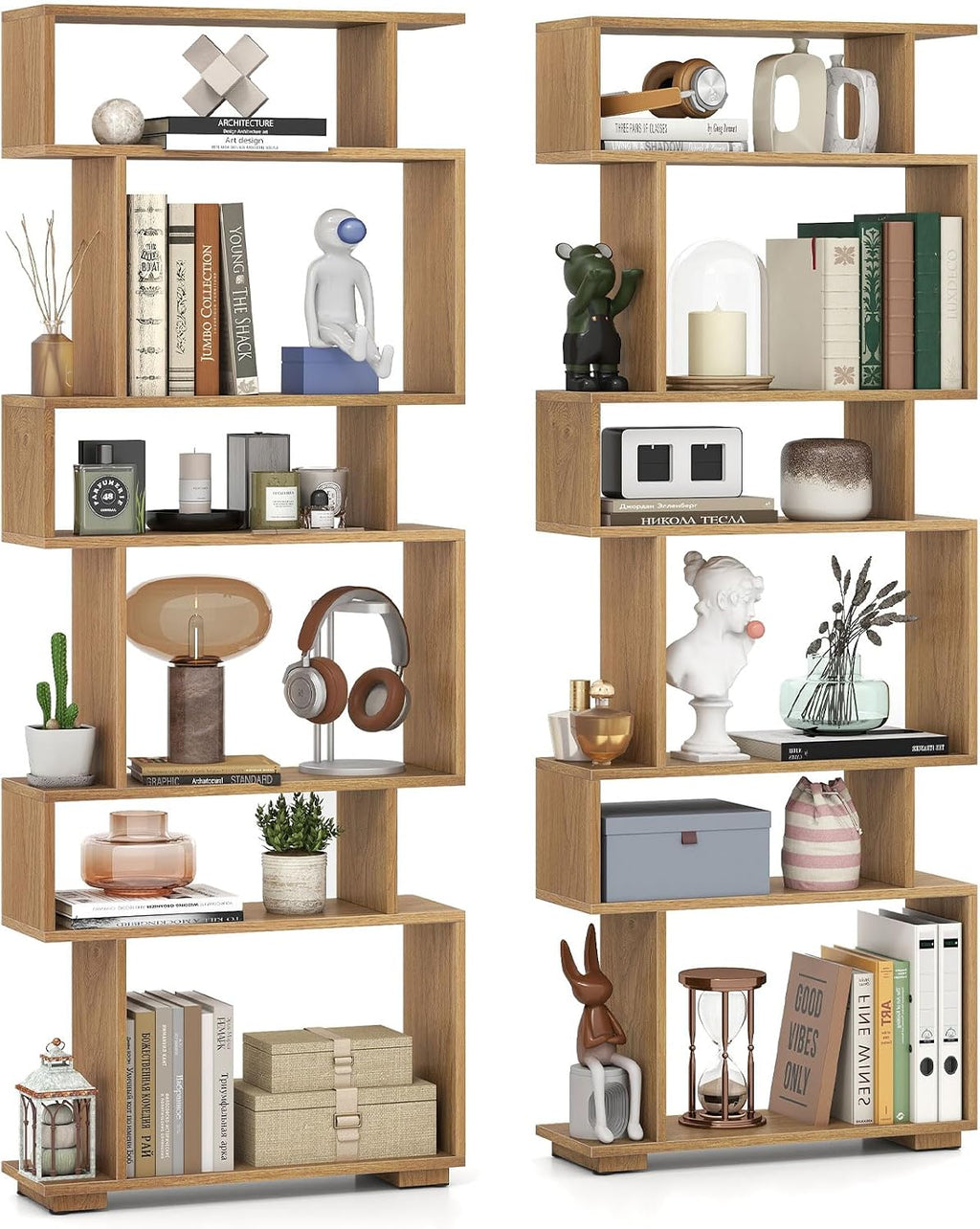 GIANTEX 6-Tier Geometric Bookshelves Set of 2, S-Shaped Bookcase with 2 Anti-Tipping Kits, Wooden Display Shelf, Decorative Storage Shelving Unit, Home Storage Organizer for Living Room, Natural