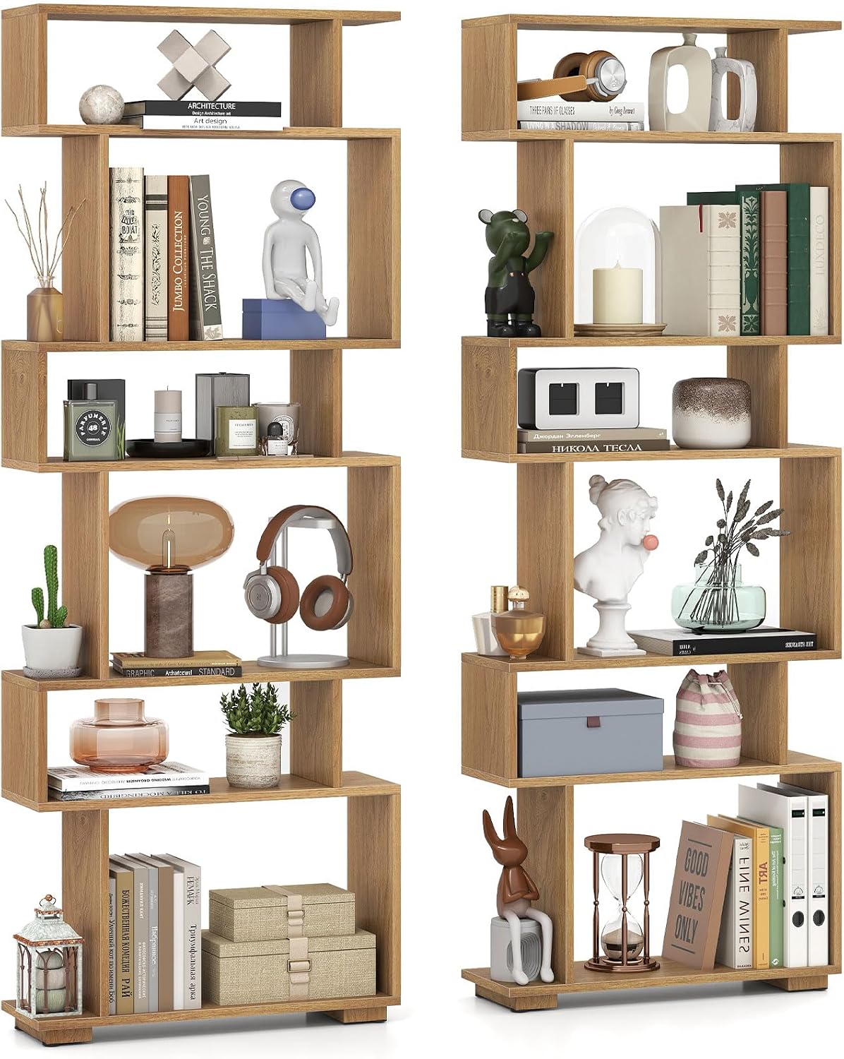 GIANTEX 6-Tier Geometric Bookshelves Set of 2, S-Shaped Bookcase with 2 Anti-Tipping Kits, Wooden Display Shelf, Decorative Storage Shelving Unit, Home Storage Organizer for Living Room, Natural