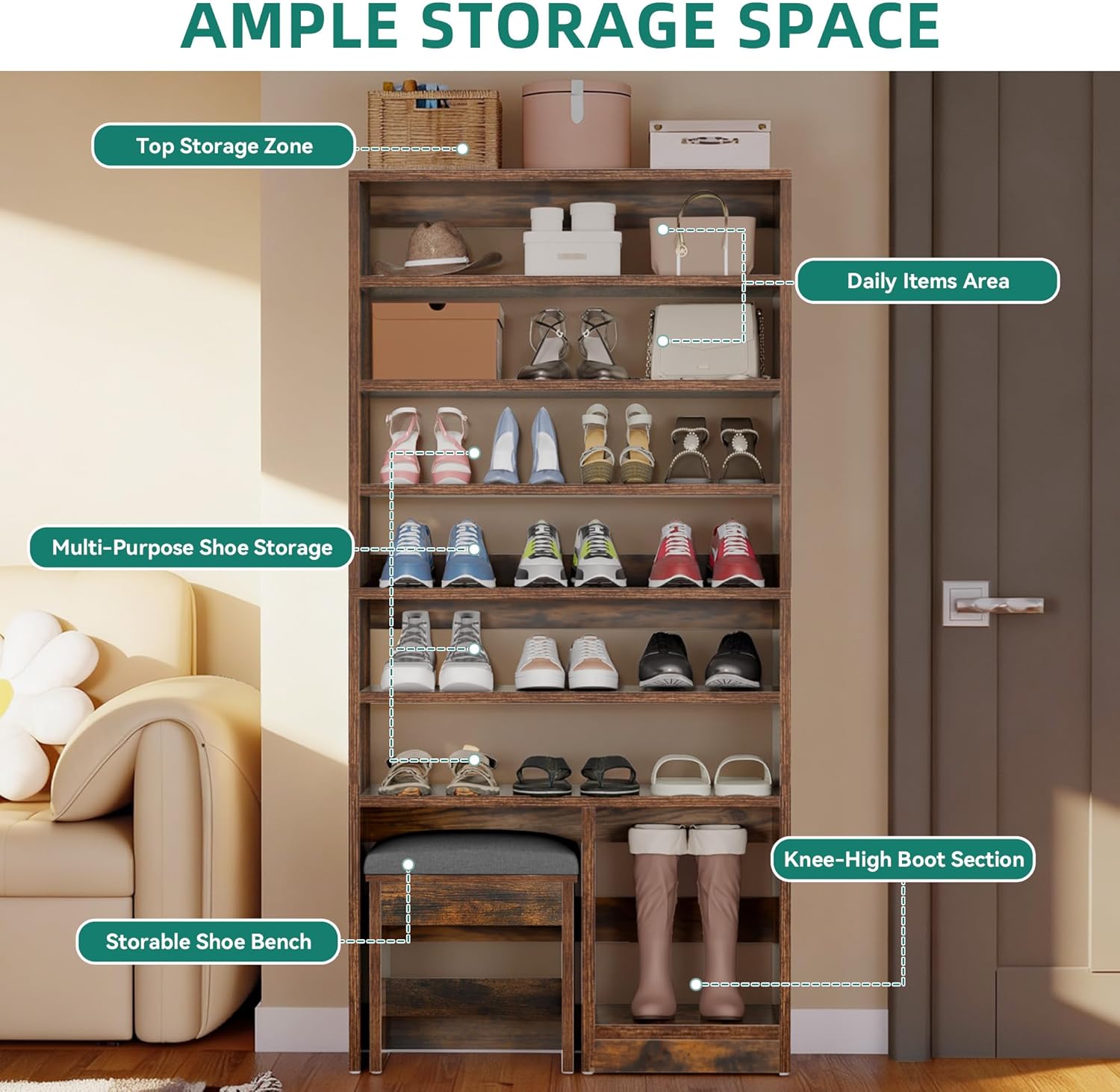 DWVO Shoe Cabinet with Hidden Bench, 8 Tiers Free Standing Shoe Racks, 70.9'' Tall Shoe Cabinet with Open Storage & High Boots Cubby for Entryway, Living Room, Rustic Brown