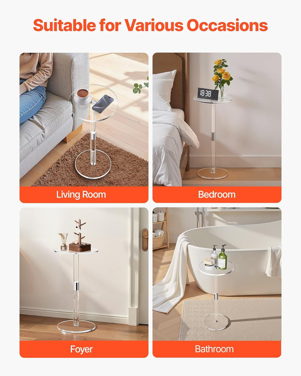 VEVOR Acrylic Drink Table, Small Round Side Table with Solid Post, Modern Clear End Table Transparent Cake Desk for Coffee, Cocktail, Dessert, Snack, Living Room, Bedroom, Bathroom, Easy Assembly