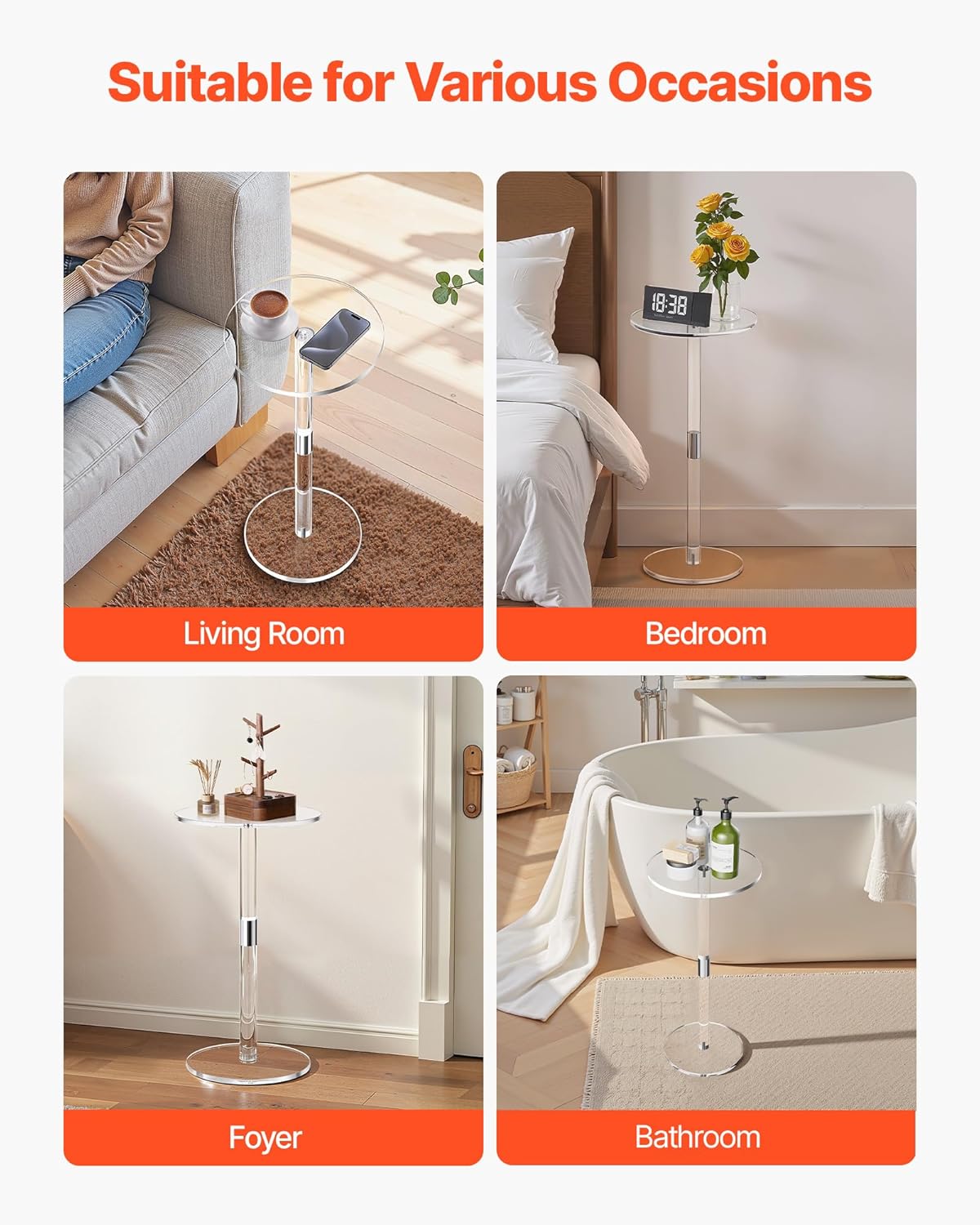 VEVOR Acrylic Drink Table, Small Round Side Table with Solid Post, Modern Clear End Table Transparent Cake Desk for Coffee, Cocktail, Dessert, Snack, Living Room, Bedroom, Bathroom, Easy Assembly