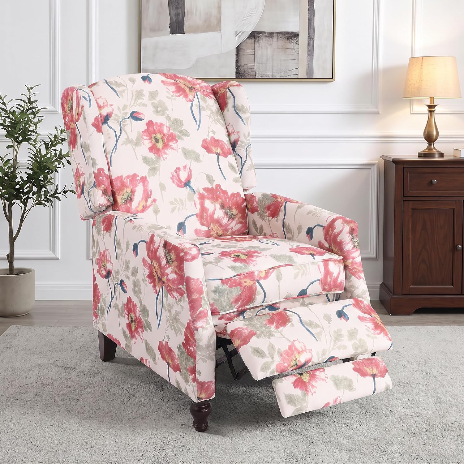 GUEAPY Upholstered Wingback Chair Push Back Recliner for Adults Mid Century Modern Manual Recliner Chair for Living Room, Bedroom (Red Floral, 1PC)