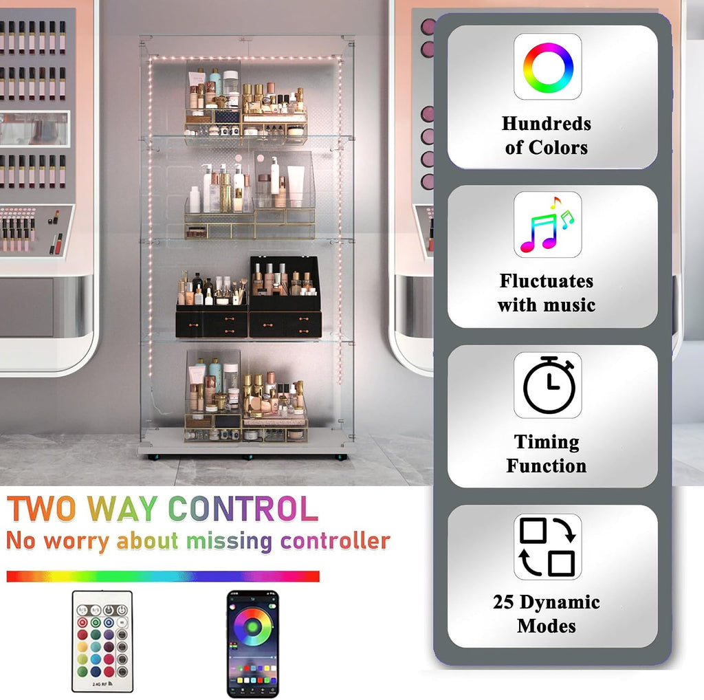 Glass Display Cabinet with LED Light Strip, 4 Shelves with 2 Doors, Glass Top Curio Storage Cabinets with Lock & Caster for Living Room,Floor Standing Bookshelf, Quick Installation - White