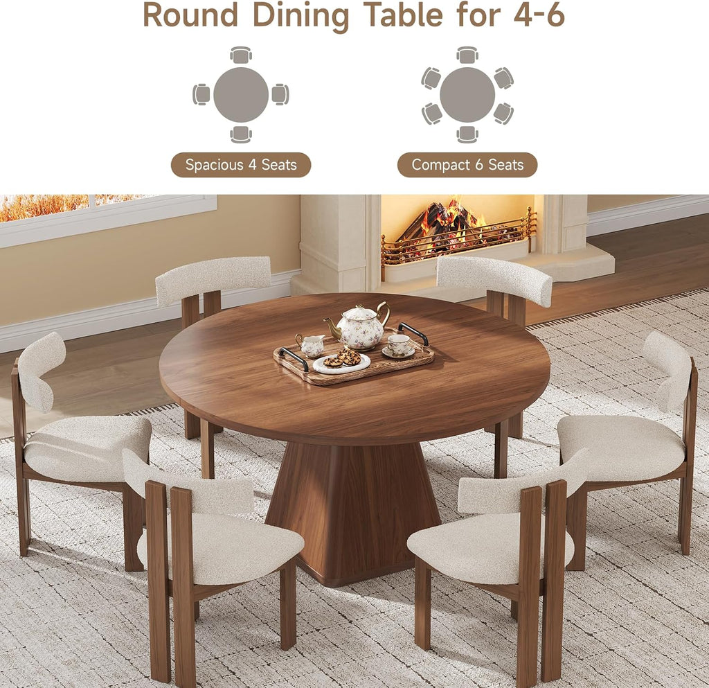 47 Inch Round Dining Table for 4-6, Circle Kitchen Table with Thickened Tabletop, Modern Dining Room Tables with Square Pedestal Base, Dinner Tables for Kitchen Small Space, Walnut (Table Only)