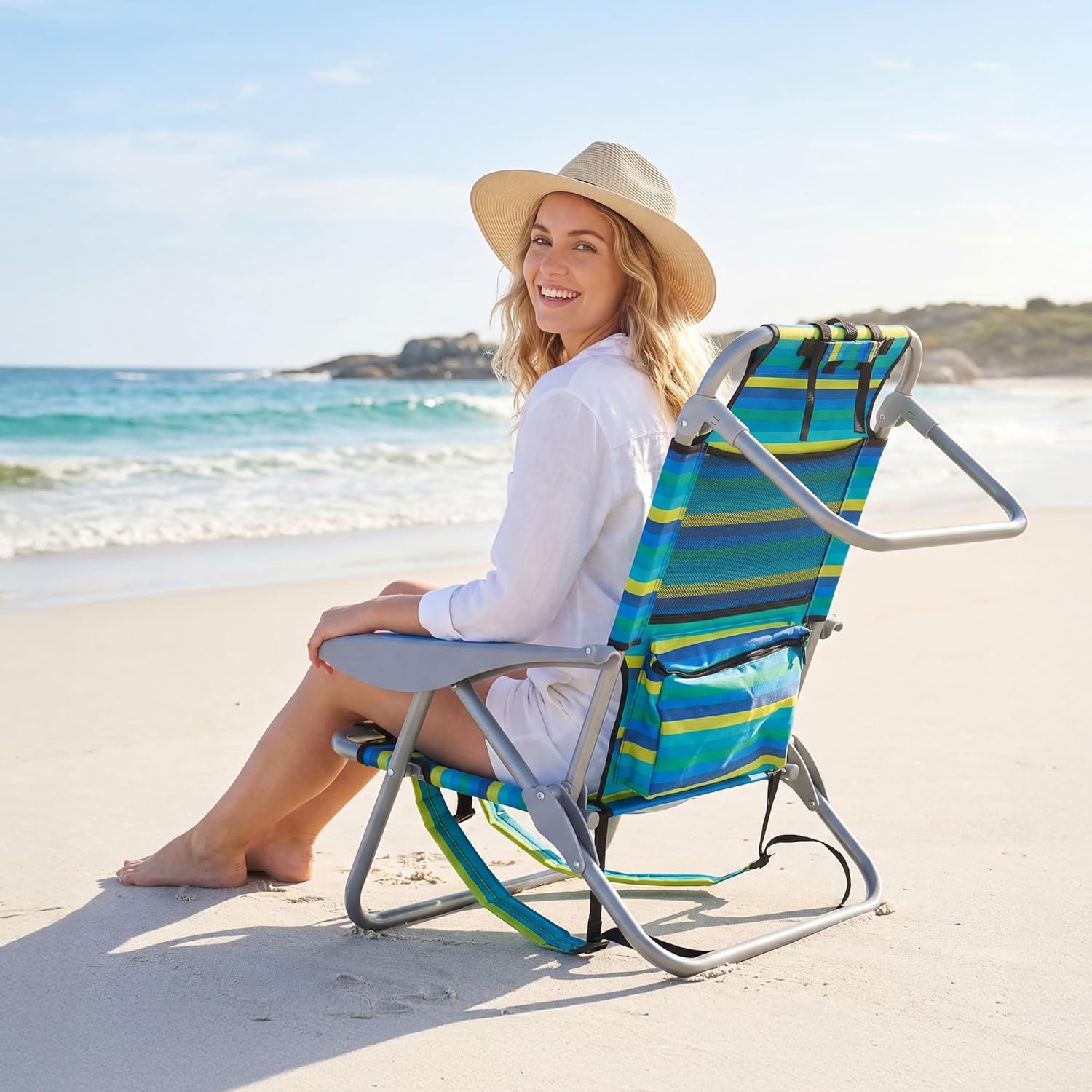 Portable Beach Chair for Adults, Outdoor Lightweight Camping Chair Lay Flat Folding Backpack Beach Reclining Chair with 5 Positions, Headrest, Zipper Pouch, Cup Holder, NEW Striped