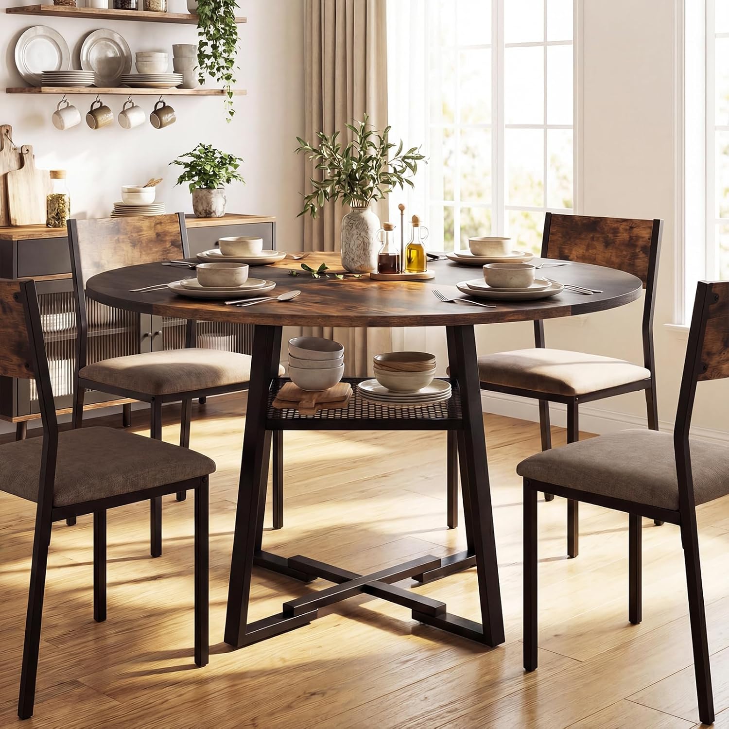 Giantex Round Dining Table for 4-6, 47.5" Circle Kitchen Table with Storage Shelf, Metal Pedestal, Space-Saving Farmhouse Dinner Table for Living Dining Room (Rustic Brown & Black)