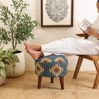 Handmade Kilim Jute Pouf Ottoman Stool | Round Upholstered Seating with Acacia Wood Base | Decorative Foot Rest for Living Room, Bedroom, Hallway, Office & Lounge (Grey)