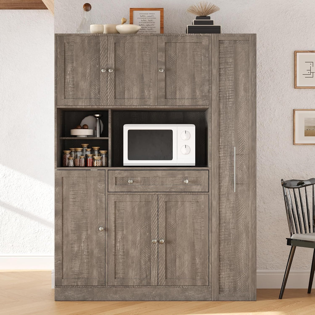 roomfitters Large Kitchen Pantry Cabinet with Pull-Out Side Storage and Hutch, Shaker Style Buffet, Brown