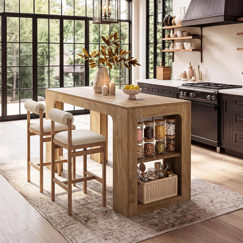 Tribesigns 63'' Long Kitchen Island with Storage, Wooden Counter Height Stationary Island Stand with 2 Shelves and Spacious Legroom, High Top Table for Kitchens, Brown, 2PCS