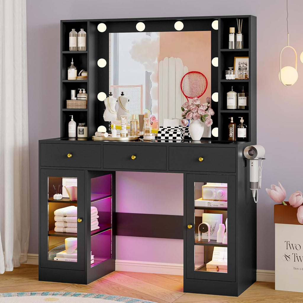 Wodeer Makeup Vanity Desk with Mirror and Lights, Black Vanity with Glass Top, LED Lights & Power Outlet, 3 Drawers & 2 RGB Glass Cabinets, Adjustable Lighted Dressing Table for Women & Girls Bedroom