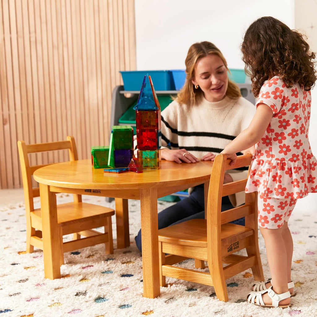 ECR4Kids 30in D Round Hardwood Table with 16in Legs and Two 8in Chairs, Kids Furniture, Honey | Durable rubberwood, GREENGUARD Gold Certified, ANSI/BIFMA Compliant, 2-3 years, 74 lb seat capacity, classroom & home use
