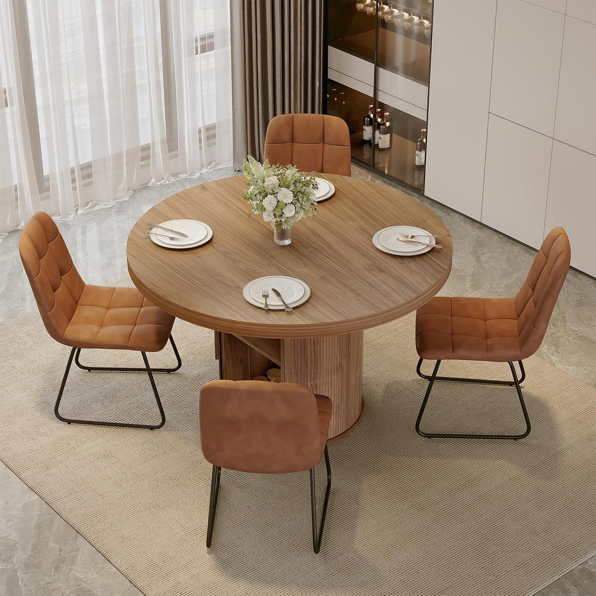 5-Piece Dining Set for Small Spaces 43.3" Round Table & 4 PU Leather Chairs, Modern Farmhouse with Storage Shelf, Apartment Kitchen Easy Assembly (Walnut Color Round Table + 4 U-Shaped Brown Chairs)