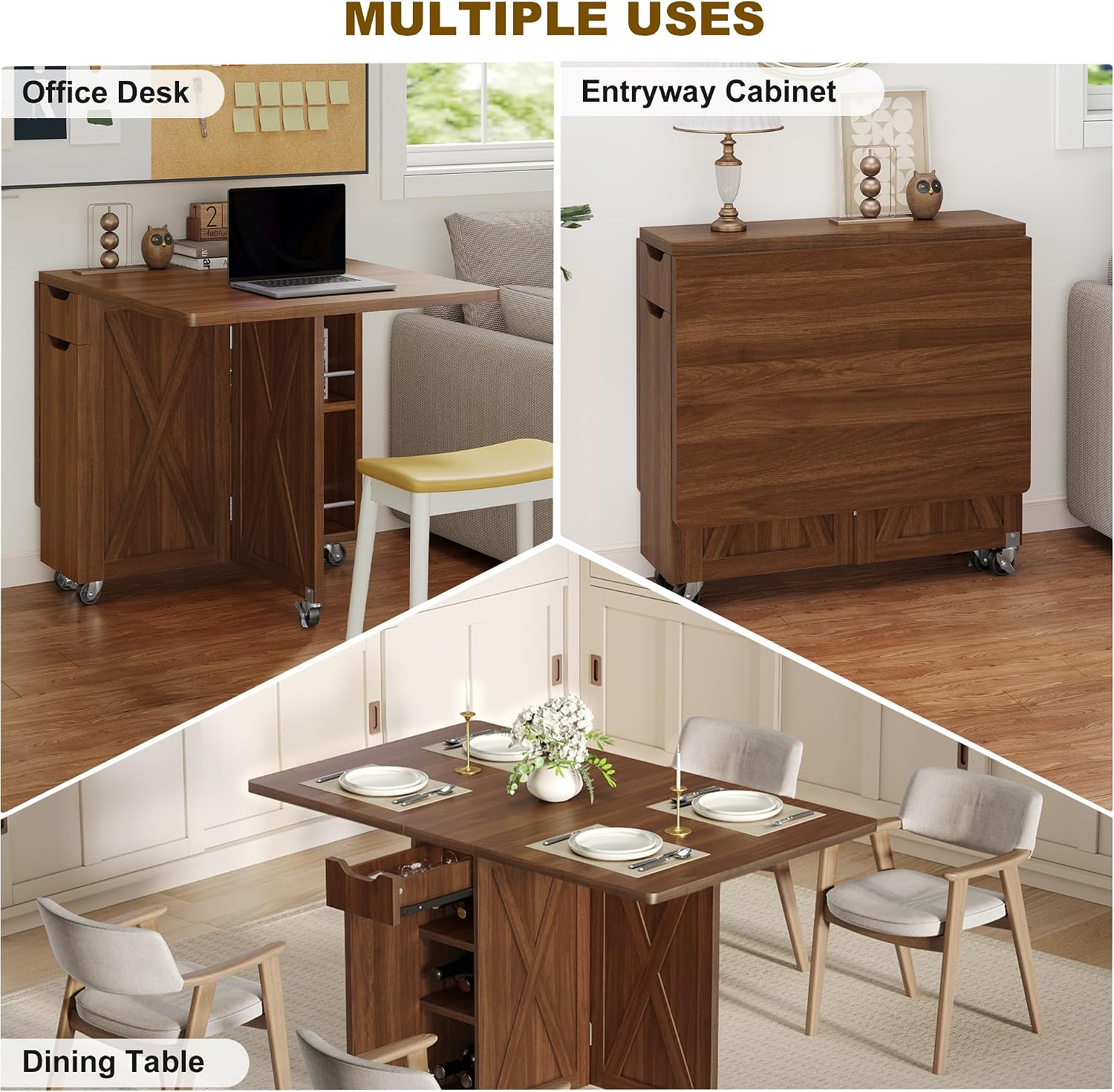 Folding Dining Table for 2-6, Designed for Small Spaces, Walnut | 52.7" Folding Dining Table with 6 Wheels, Drop Leaf Table with Drawers, Shelves and Wine Rack for Small Spaces