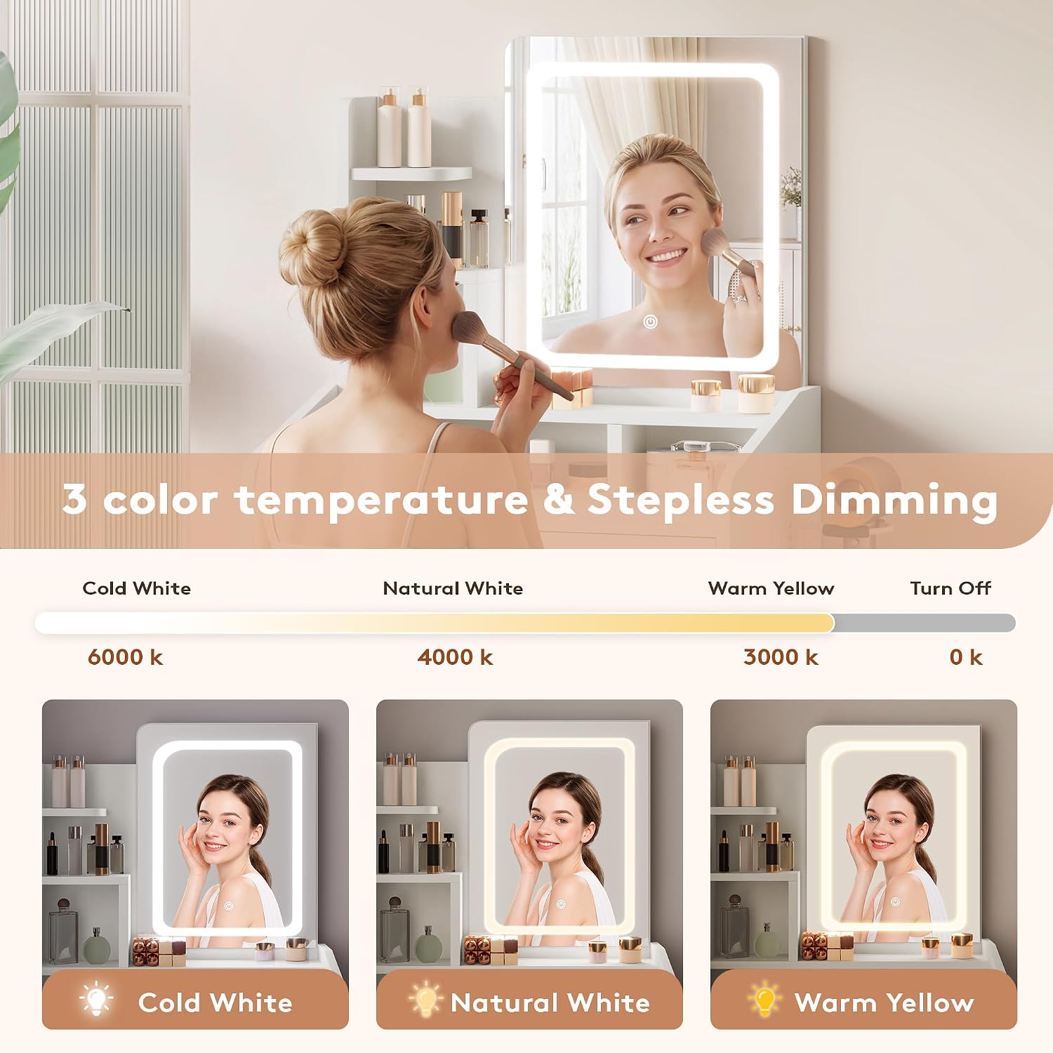 LIVELYGLOW 24" White Small Vanity Set with Lighted Mirror & Storage Stool | Smart LED Mirror, Charging Station, Hairdryer Rack, Space-Saving