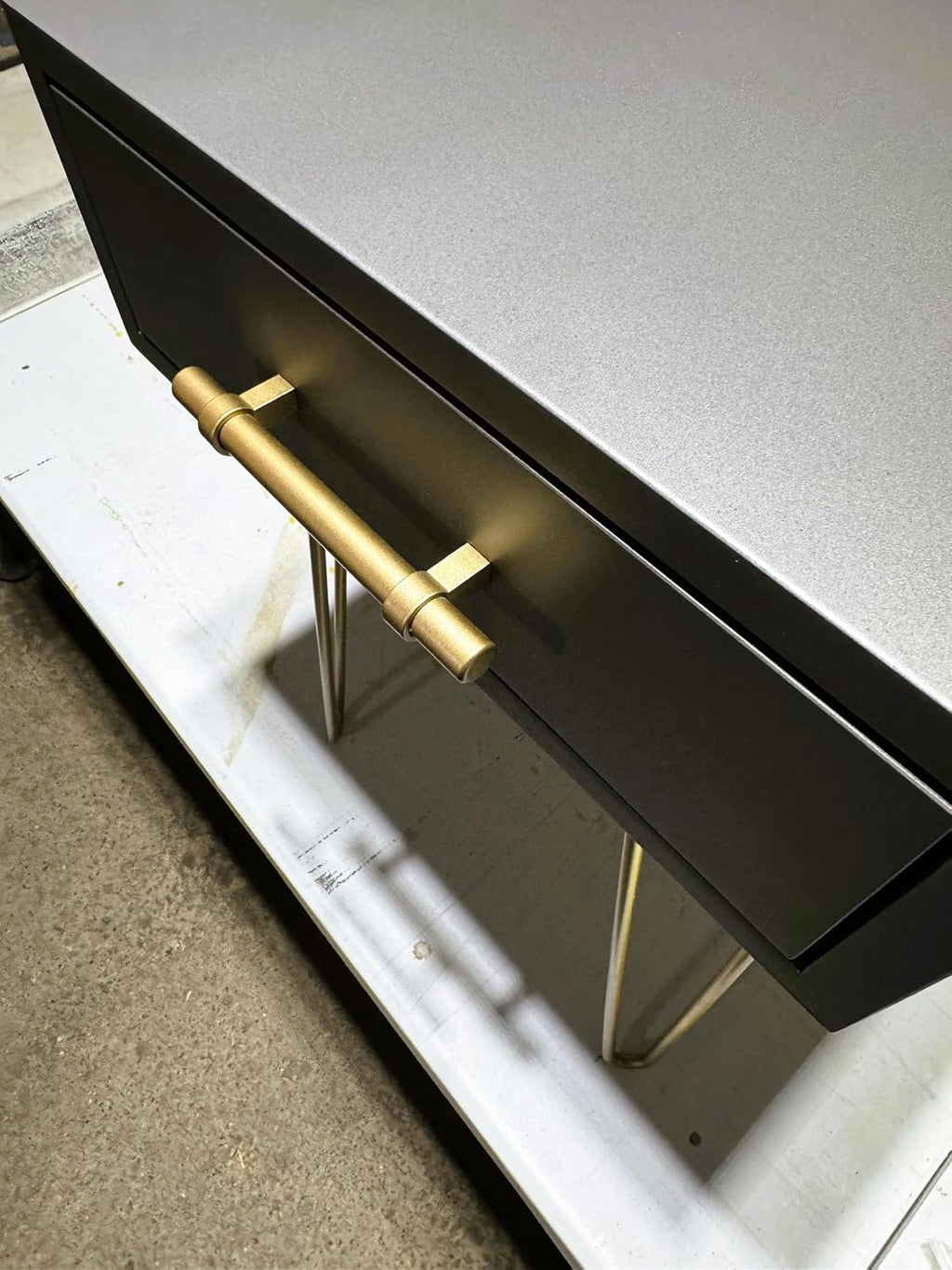 Modern Side Table/Nightstand with Drawer in Gunmetal, with Brass Finish Pull and Hairpin Legs. Every Product is Handmade in The USA. (Gunmetal)
