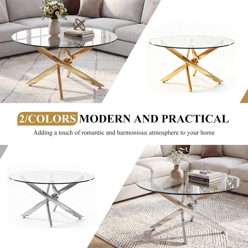 Round Glass Coffee Table Set 3-Piece, Silver Stainless Steel Frame | 35.4" Coffee Table + Two 23.6" End Tables Space-Saving Set for Living Room, Office, Reception