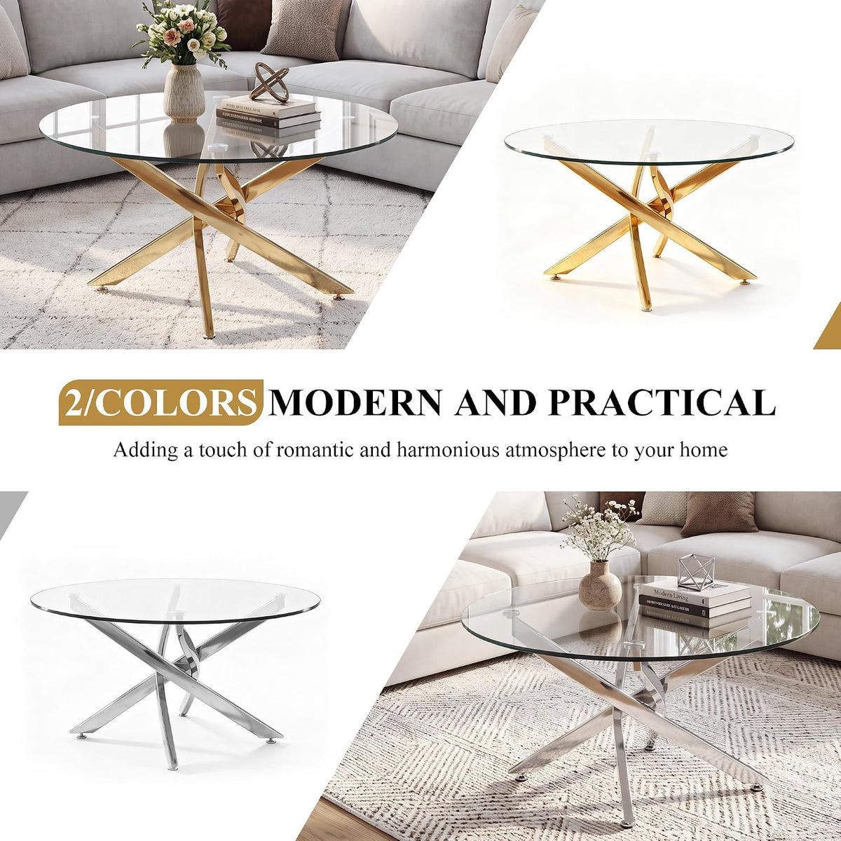 Round Glass Coffee Table Set 3-Piece, Silver Stainless Steel Frame | 35.4" Coffee Table + Two 23.6" End Tables Space-Saving Set for Living Room, Office, Reception