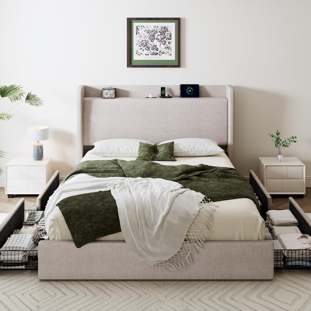 SHA CERLIN Queen Size Storage Bed Frame with 4 Oversized Drawers, Modern Wingback Headboard with Storage Shelf & Charging Station, No Box Spring Needed, Easy Assembly, Beige