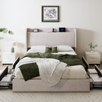SHA CERLIN Queen Size Storage Bed Frame with 4 Oversized Drawers, Modern Wingback Headboard with Storage Shelf & Charging Station, No Box Spring Needed, Easy Assembly, Beige