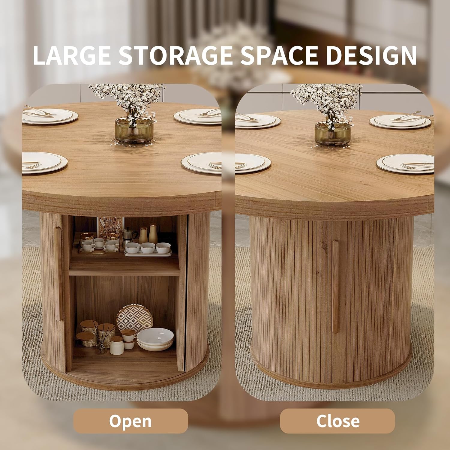 5-Piece Dining Set for Small Spaces 43.3" Round Table & 4 PU Leather Chairs, Modern Farmhouse with Storage Shelf, Apartment Kitchen Easy Assembly (Walnut Color Round Table + 4 U-Shaped Brown Chairs)