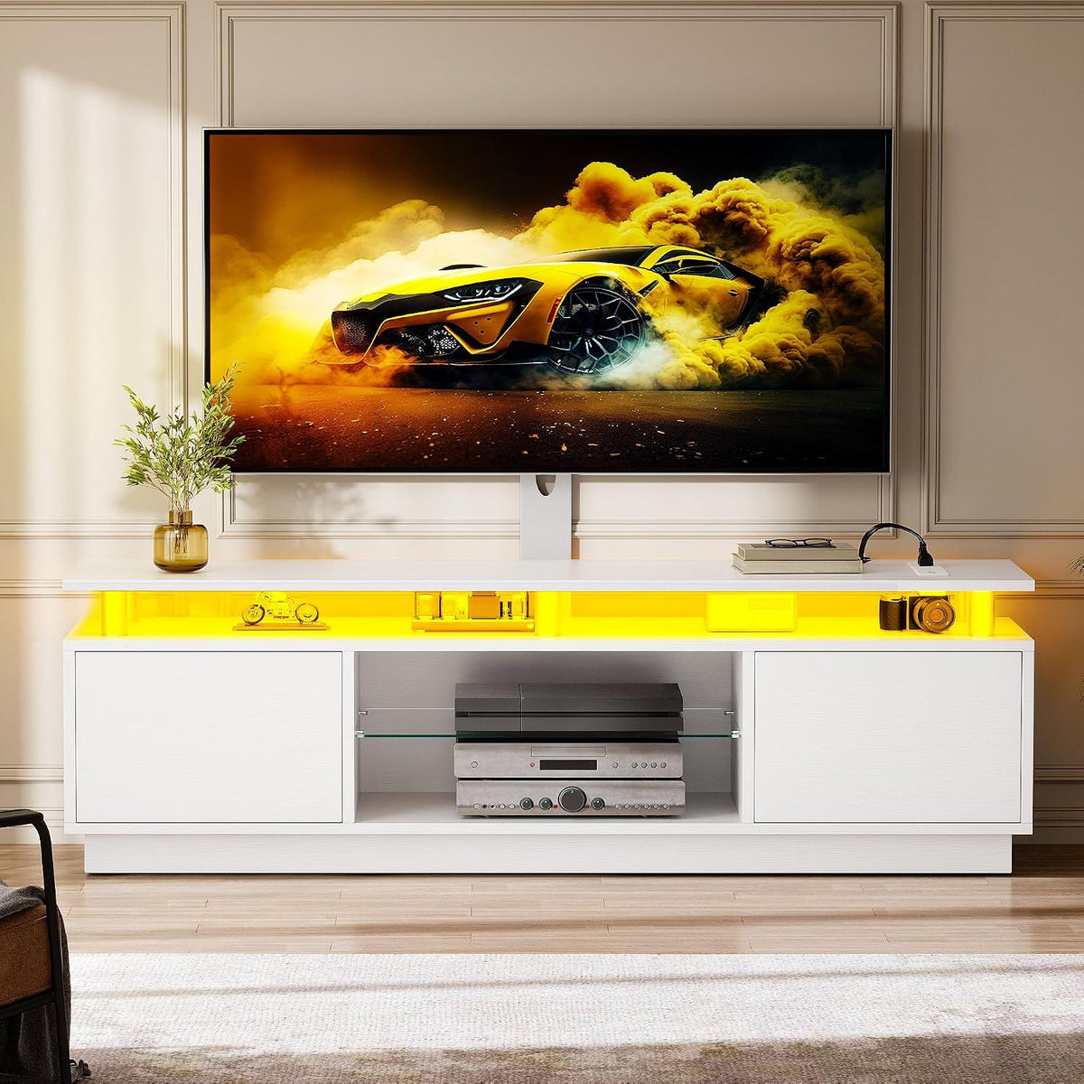 YITAHOME Modern TV Stand with Mount, Media Console with LED Light, White | Entertainment Center with 2 Storage Doors & Built-in Power Outlets for 75/70/65 Inch TVs for Living Room