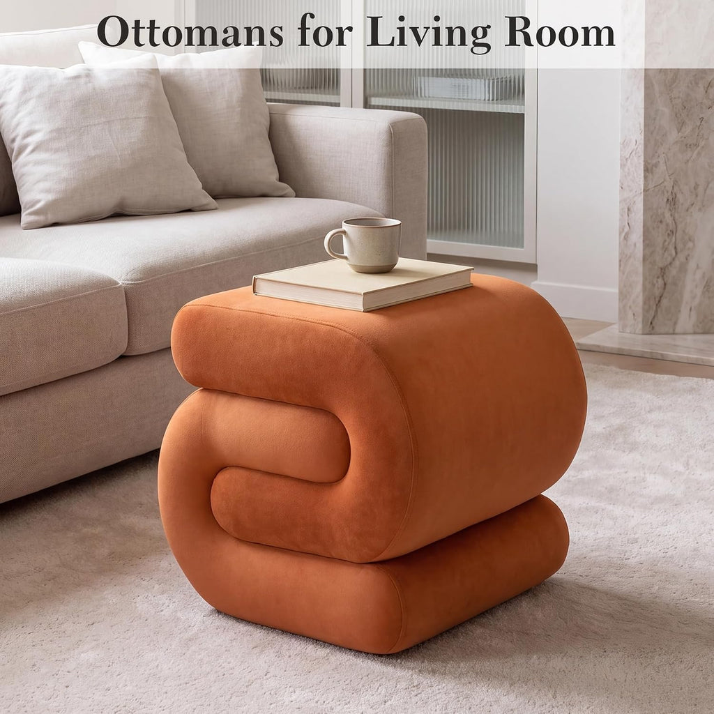 FOXHUNTER S Shape Modern Pouf Ottoman Vanity Stool, Velvet Orange | Footstool with Sponge Filling, No Assembly Required, Soft Shoe Stool, for Makeup Room Living Room Bedroom Entrance