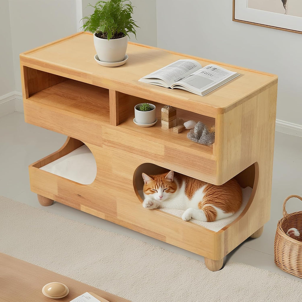 Brelice Sofa Armrest Side Table with Hidden Cat Bed and Storage, Chenille Couch Arm Rest Organizer for Sectional Sofa, Left/Right Side for Living Room