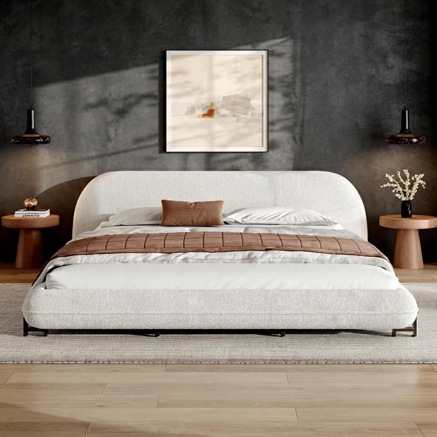 DNYN Boucle Platform Bed Frame with Thick Headboard and Steel Legs