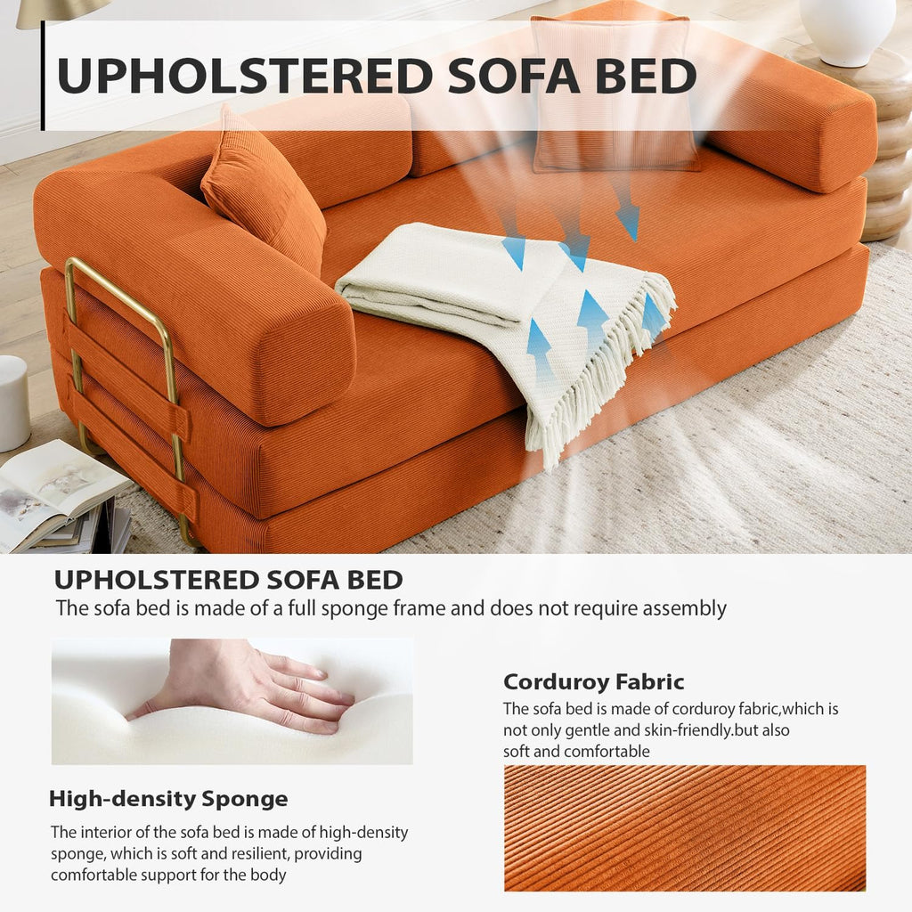 4-in-1 Folding Convertible Sofa Bed, 78 Inch Couch with Fixed-Shape Frame, Corduroy Loveseat Sleeper with Pull Out Bed, Floor Sofa Modular Futon Couch for Living Room Bedroom Lounge (Orange)