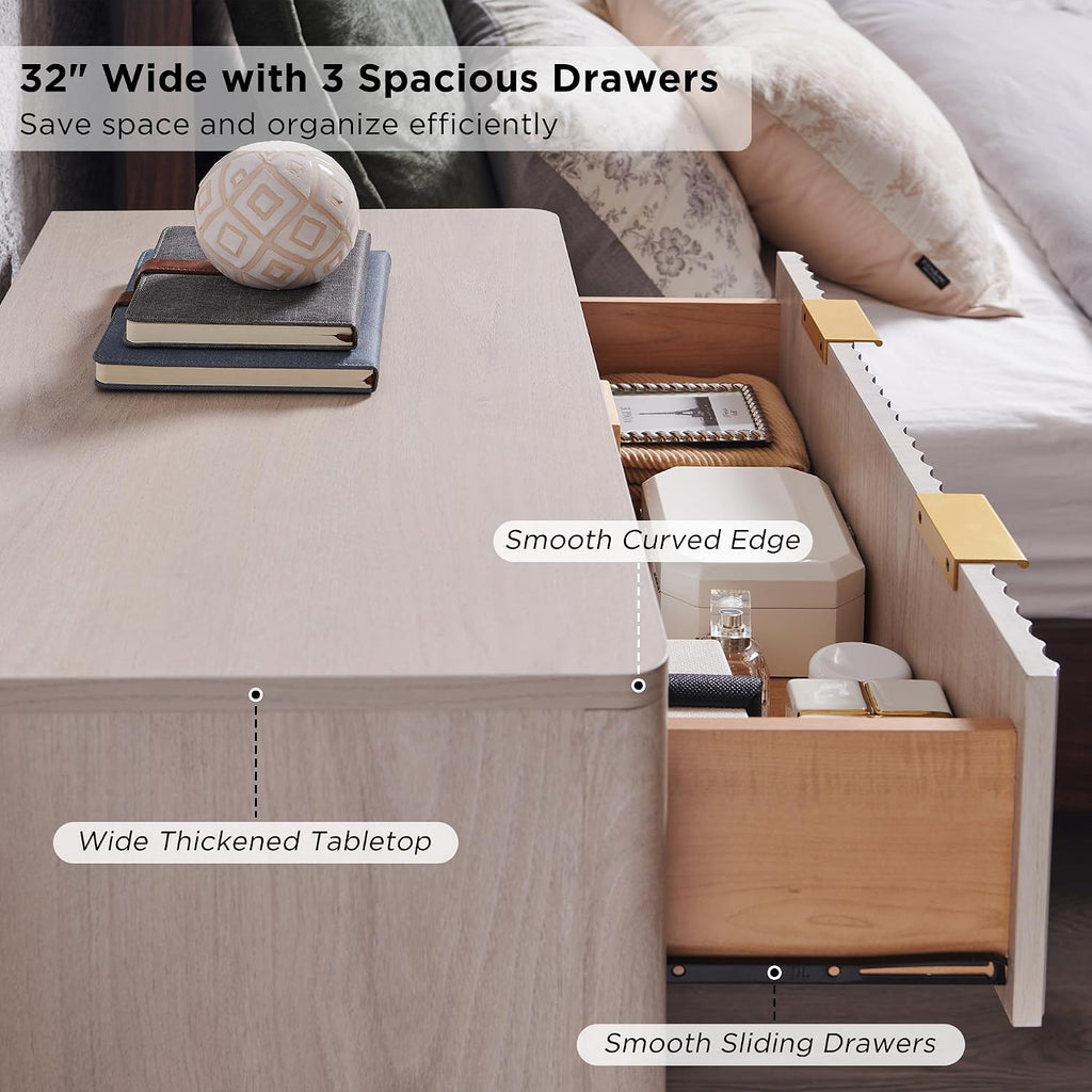 T4TREAM 32" Large Fluted Nightstand with 3 Drawers, White Alder | Oversized, Mid Century Modern, Curved Profile, Metal Handles, Smooth Slides, Spacious Drawers, for Bedroom, Living Room