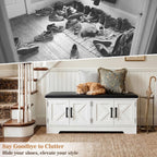 Armocity 43.3" Farmhouse Shoe Storage Bench with Cushion for Entryway | Wood Mudroom Bench with 4 Barn Doors, 2-Tier Adjustable Shelves, 300 Lbs Load, Anti-Slip Pad, Hidden Storage, White
