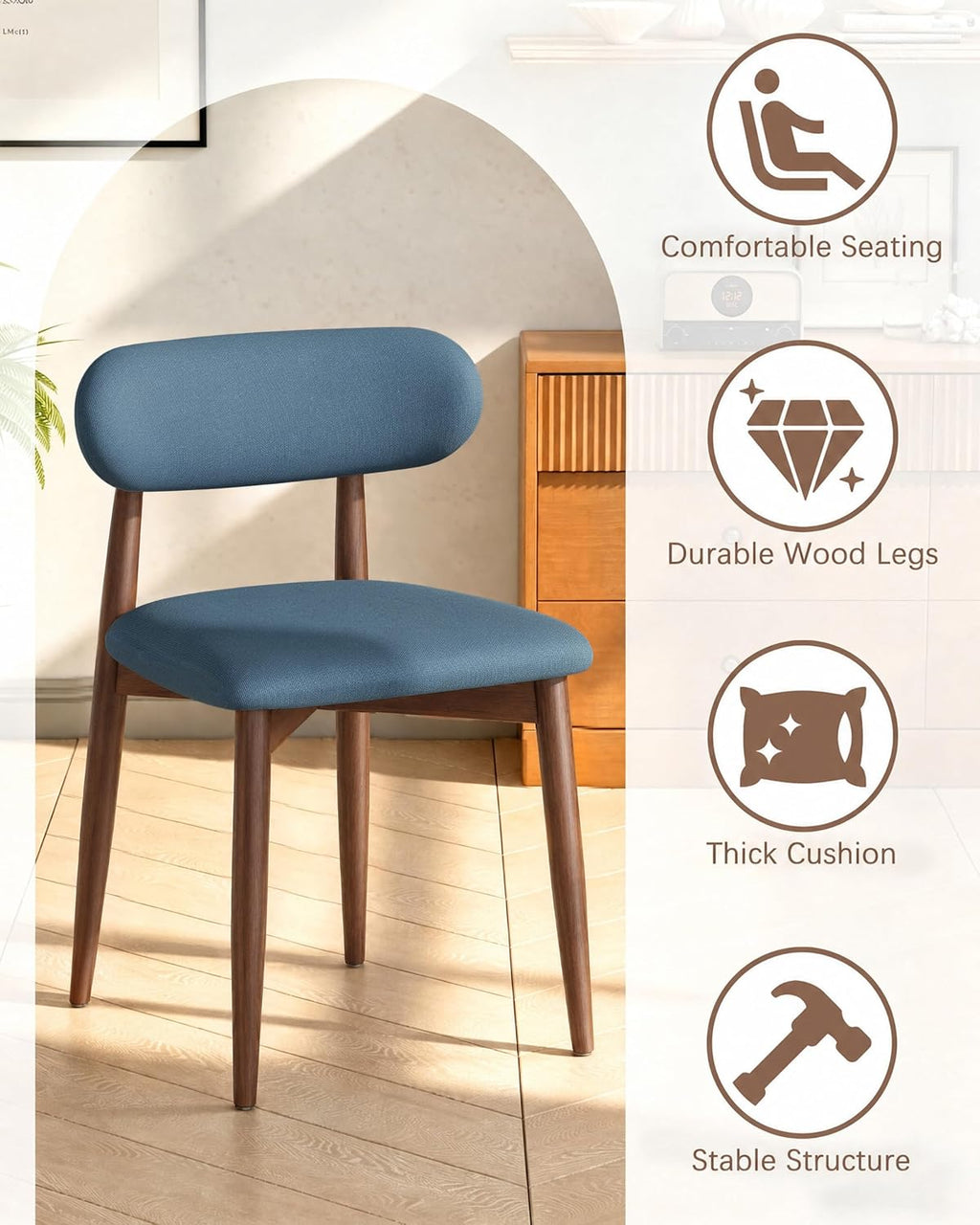 Wooden Dining Chairs Set of 4, Mid Century Modern Upholstered Kitchen Chairs with Solid Wood Legs, 350lb Heavy Duty Padded Side Chairs for Dining Room & Vanity, Blue