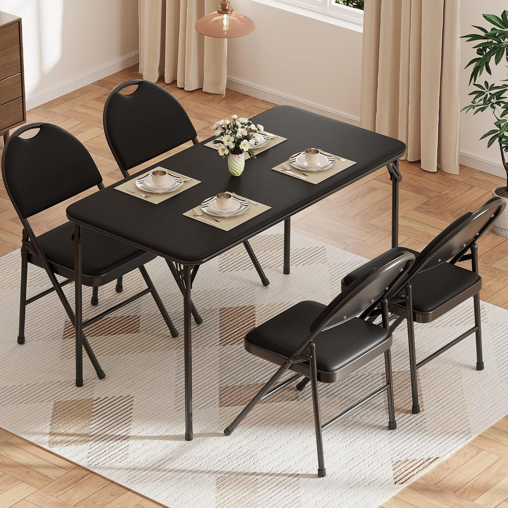 IDEALHOUSE 4 Feet Folding Table, Protable Foldable Card Table, Black | Metal Legs Support, Upholstered PU Leather Tabletop, Heavy Duty, No Assembly Required, Perfet for Indoor and Outdoor