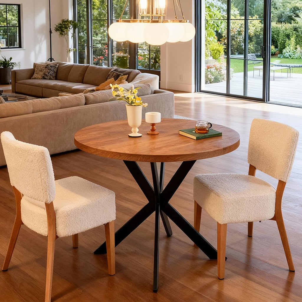 3-Piece Round Table & Chair Set, Space Saving Kitchen Breakfast Nook Walnut Wood Grain Tabletop with Metal Frame and 2 Stackable Dining Chairs for Kitchen, Dining Room, White
