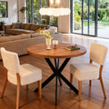 3-Piece Round Table & Chair Set, Space Saving Kitchen Breakfast Nook Walnut Wood Grain Tabletop with Metal Frame and 2 Stackable Dining Chairs for Kitchen, Dining Room, White