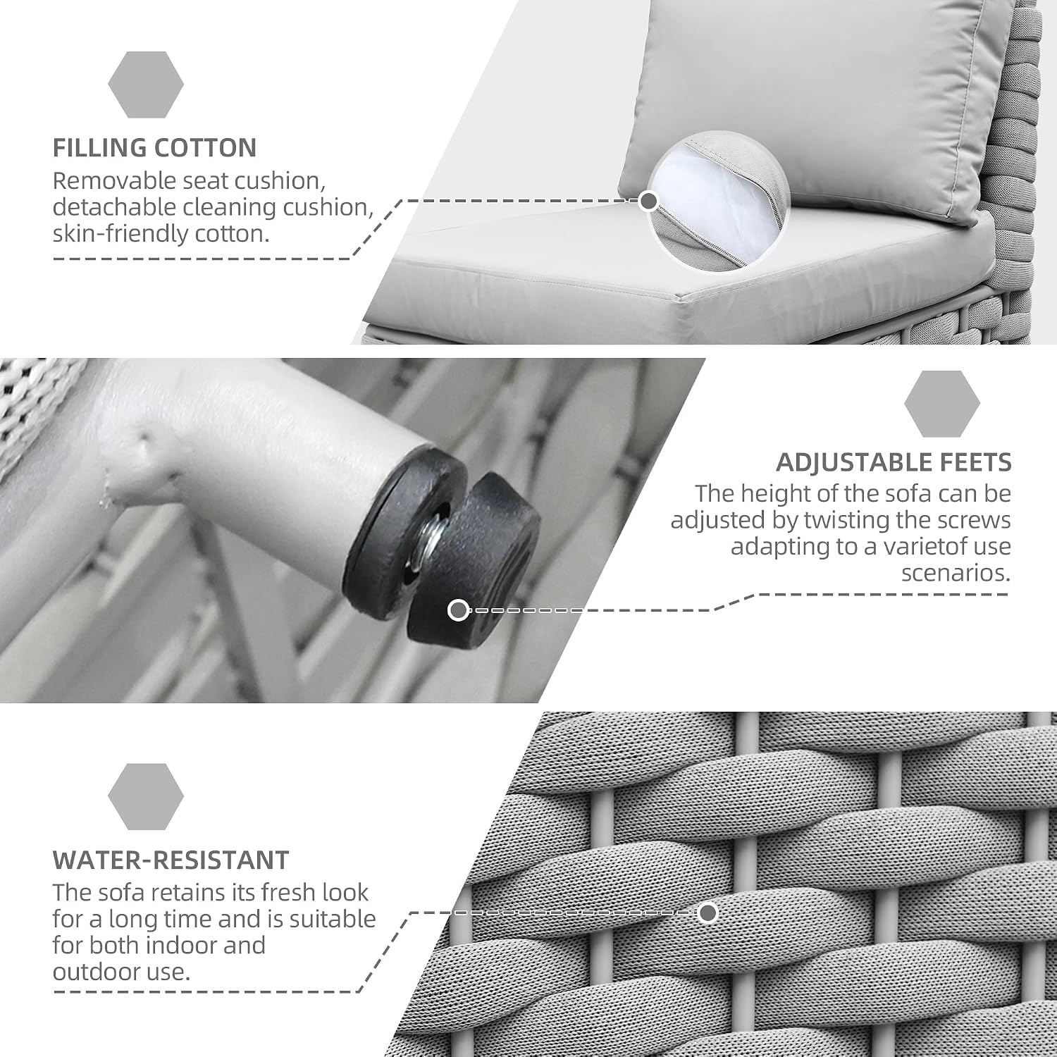 TWT Khaki Gray Left Arm Outdoor Patio Sofa, Modular Woven Rope Sectional Chair with Water-Resistant Cushion & Rust-Proof Frame, for Backyard Balcony Deck