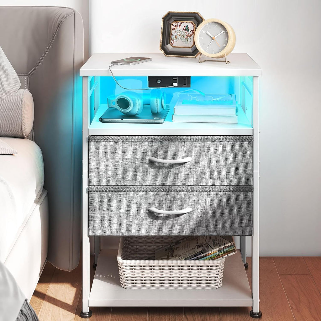 AODK 27.6" H Night Stand with Charging Station and LED Lights, Bed Side Table with 2 Drawers and Open Shelf, Bedside Table for Bedroom, Living Room, White & Light Grey