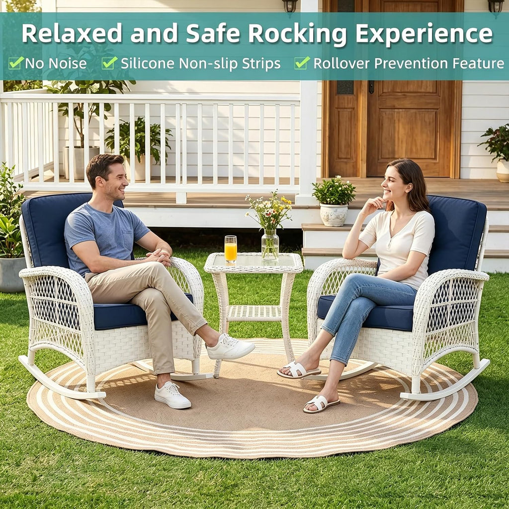MEETWARM Outdoor Wicker Rocking Chairs Set of 2, Rattan Patio Rocker Chairs with Thick Cushions and High Back, All-Weather Patio Wicker Chair with Safe Rocking Design for Garden, Cream White/Navy