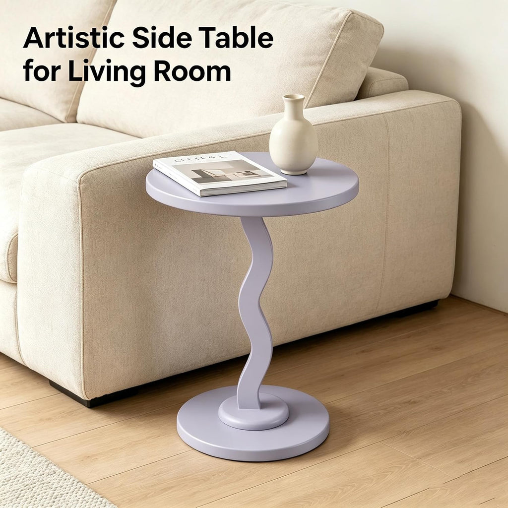 Rubberwood Side Table with Satin Finish, Unique Wavy Silhouette, Sturdy Load-Bearing Tabletop and Smooth Polished Edges, Requires Simple Assembly(Lightpurple)