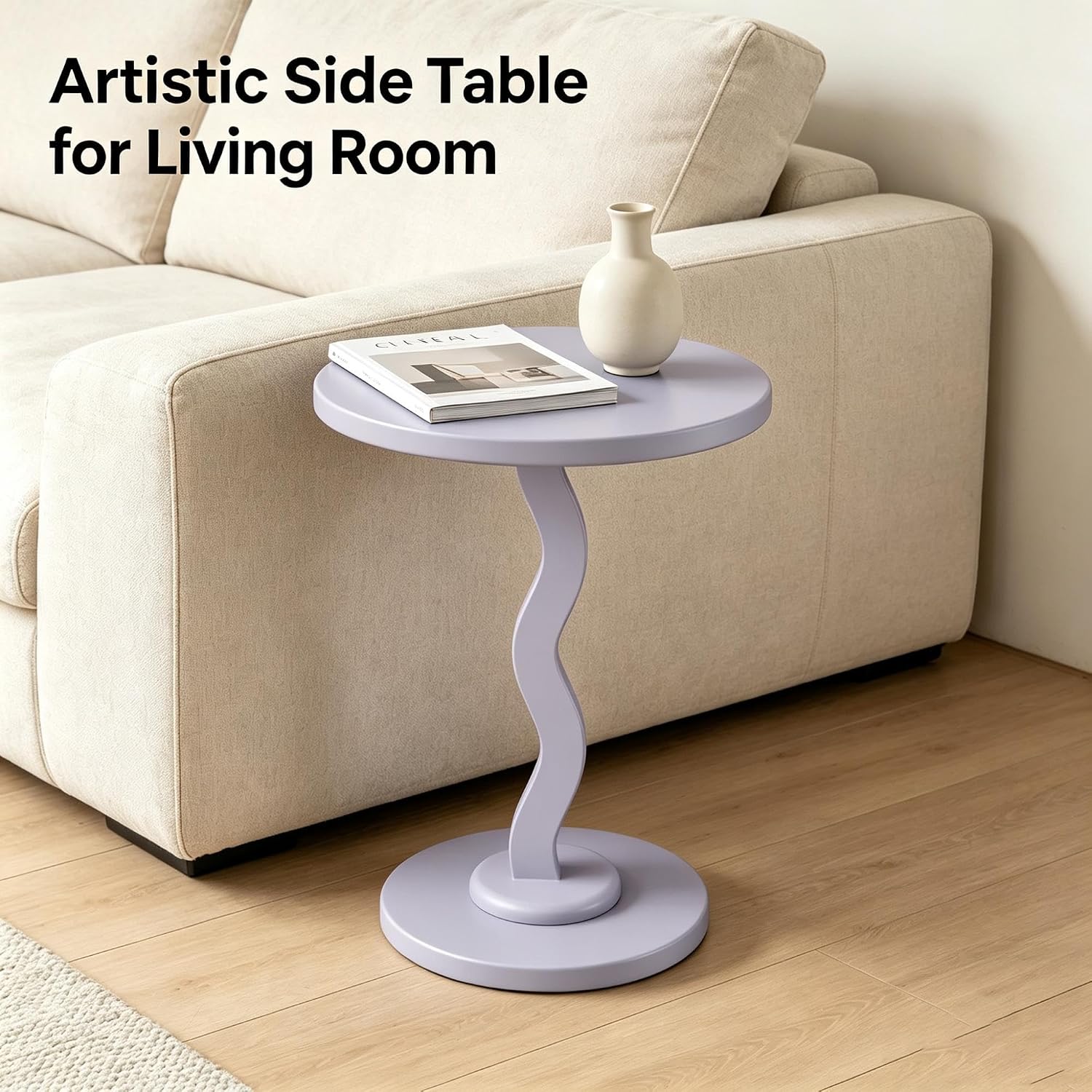Rubberwood Side Table with Satin Finish, Unique Wavy Silhouette, Sturdy Load-Bearing Tabletop and Smooth Polished Edges, Requires Simple Assembly(Lightpurple)