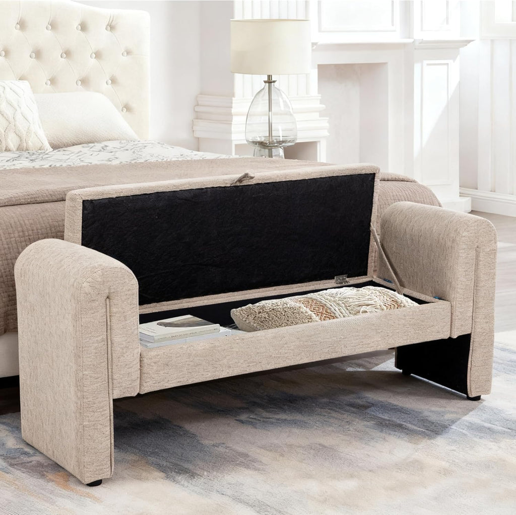 Storage Bench for Bedroom End of Bed, Velvet Upholstered Rolled Armed Button Tufted Sofa Stool Bench, Storage Ottoman Couch Long Bench with Solid Wood Legs (Oatmeal)